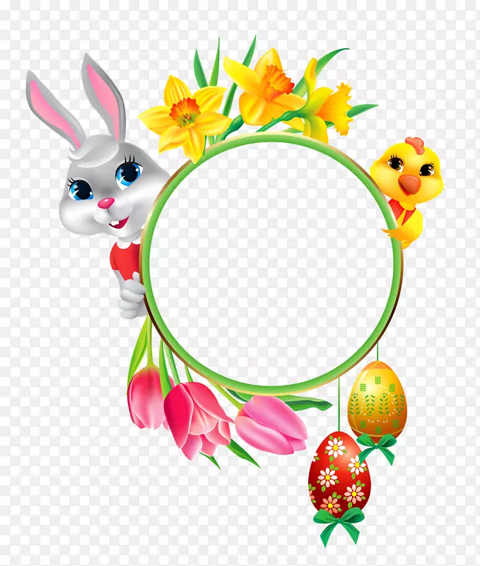 复活节兔子彩蛋剪贴画-复活节兔子和带圆形框架透明剪贴画的鸡