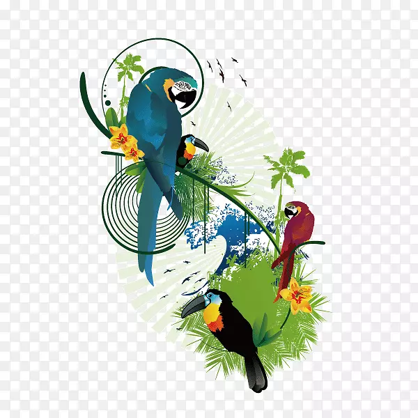 鹦鹉鸟类插图-鹦鹉，图案，树叶，动物，装饰图案
