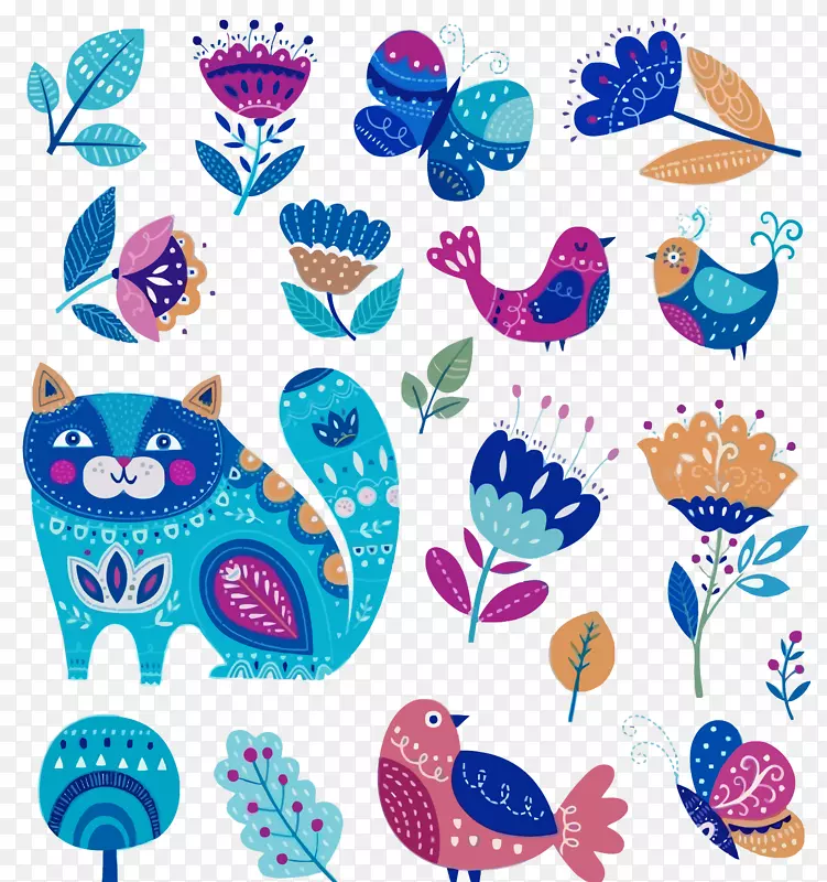 猫砧木插图.扁平的动物花