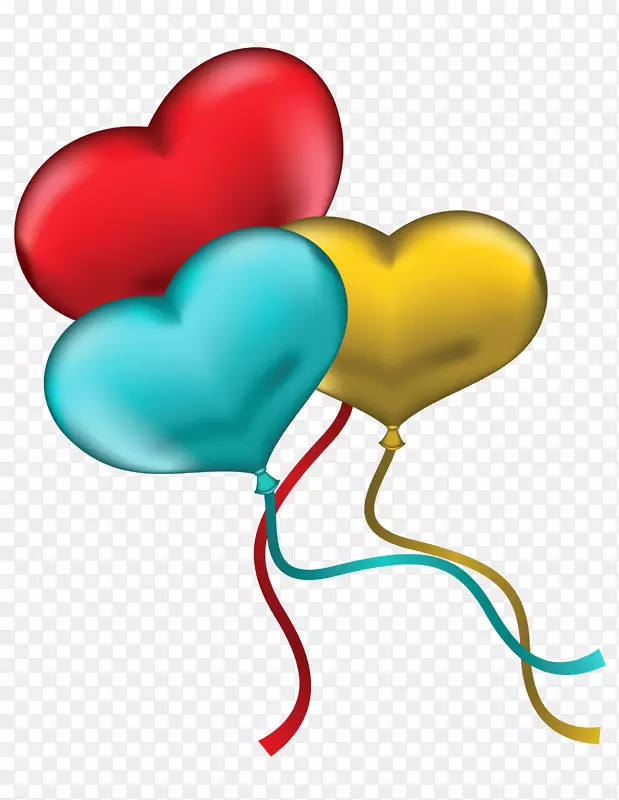 心脏气球夹艺术-红色、蓝色和黄色心脏气球PNG剪贴画