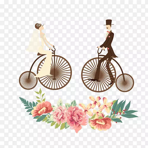 婚礼邀请函新郎插画-骑自行车的新娘和新郎