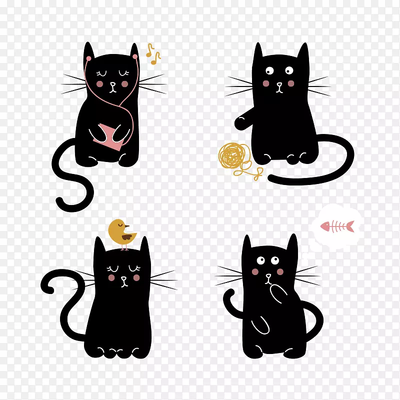 黑猫小猫可爱-小猫，动物，卡通