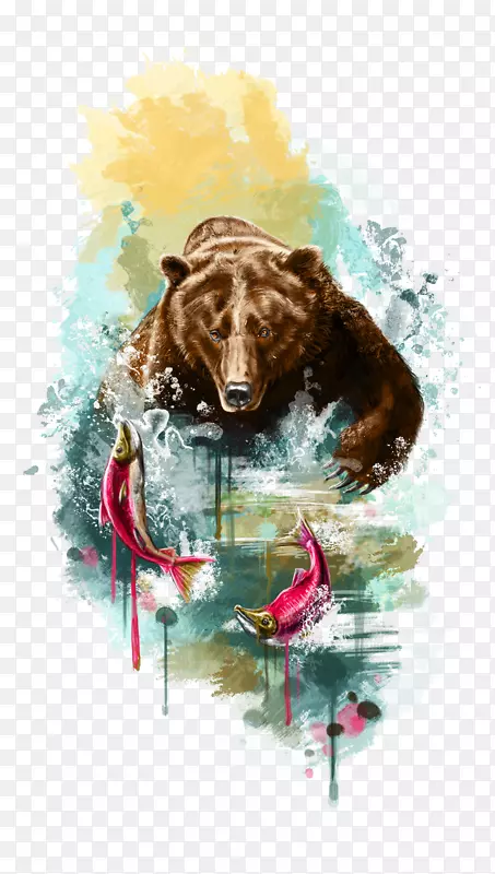 手绘水彩画熊捕鱼