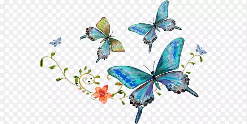 卡通花手绘水彩画蓝色蝴蝶
