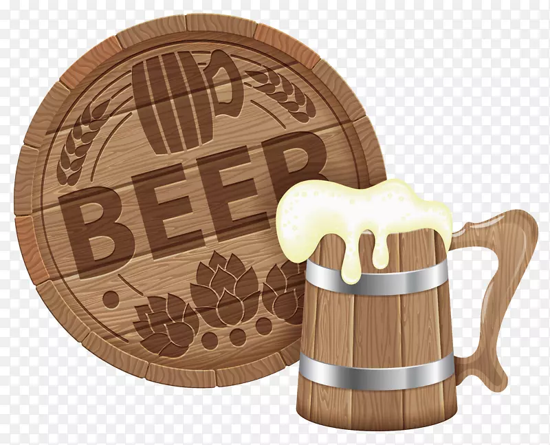啤酒桶剪贴画-啤酒节啤酒桶及杯子PNG剪贴画