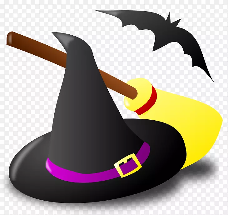 巫术剪贴画-万圣节女巫帽扫帚和蝙蝠PNG剪贴画