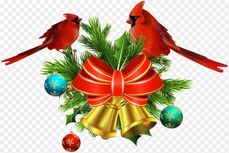 圣诞节装饰品圣诞树剪贴画圣诞铃铛和鸟装饰PNG透明剪贴画