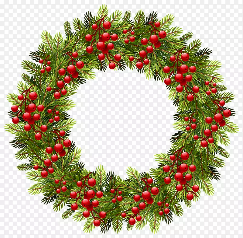 圣诞花环装饰剪贴画-绿色圣诞松木花环PNG剪贴画