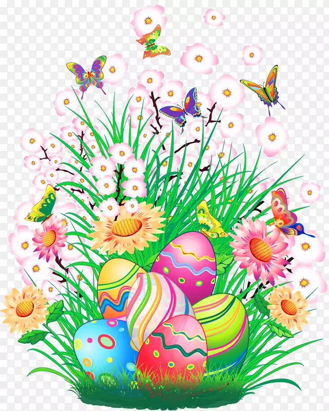复活节兔子彩蛋复活节篮子夹艺术-透明复活节装饰与彩蛋和草PNG剪贴画