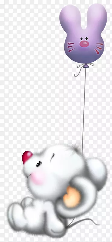 电脑鼠标动画剪辑艺术-可爱的白色鼠标与气球卡通免费剪贴画