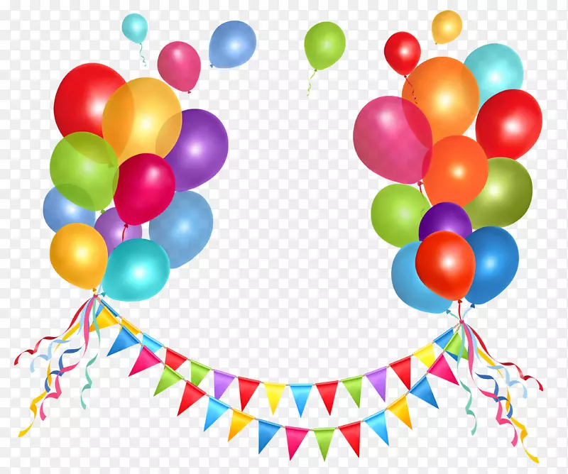 生日蛋糕气球夹艺术-透明派对彩带和气球PNG剪贴画