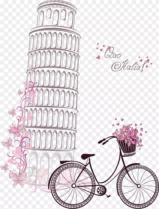 埃菲尔铁塔象征纸.比萨和自行车的手绘水彩画斜塔