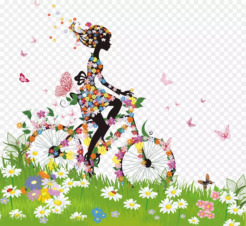 自行车花剪贴画.彩色春季女子剪影材料