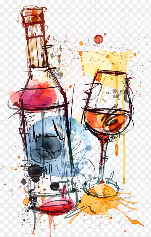 红葡萄酒瓶，rosé剪贴画.水彩酒杯和瓶皮诺