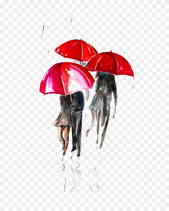 巴黎街；雨天伞水彩画插图-雨