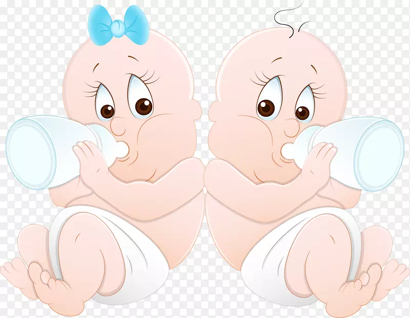 拇指、耳朵、眼睛、面颊、鼻子-抱奶瓶的双胞胎宝宝