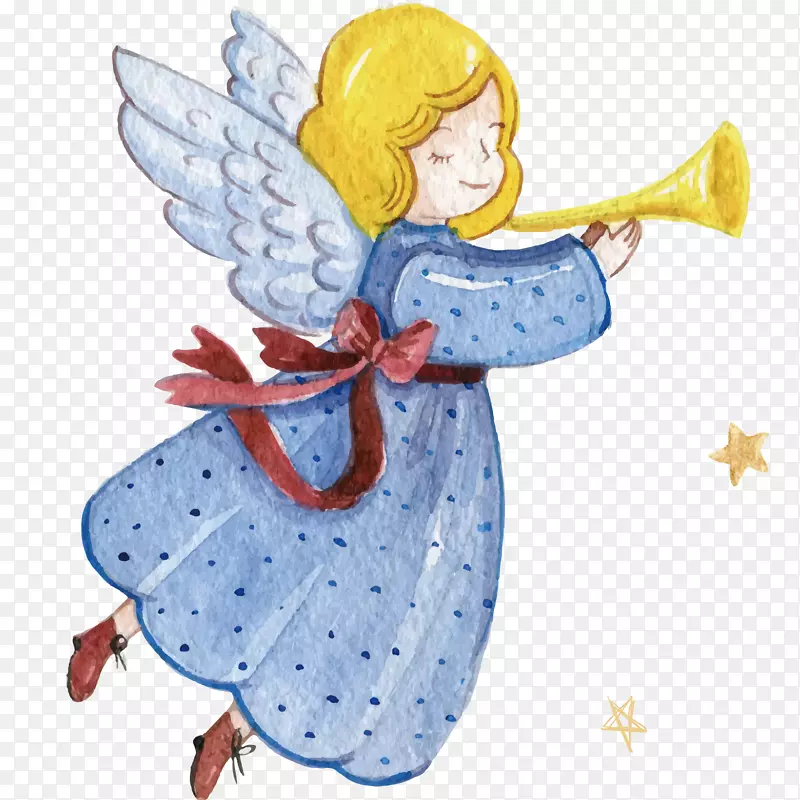 圣诞插画-天使喇叭水彩背景