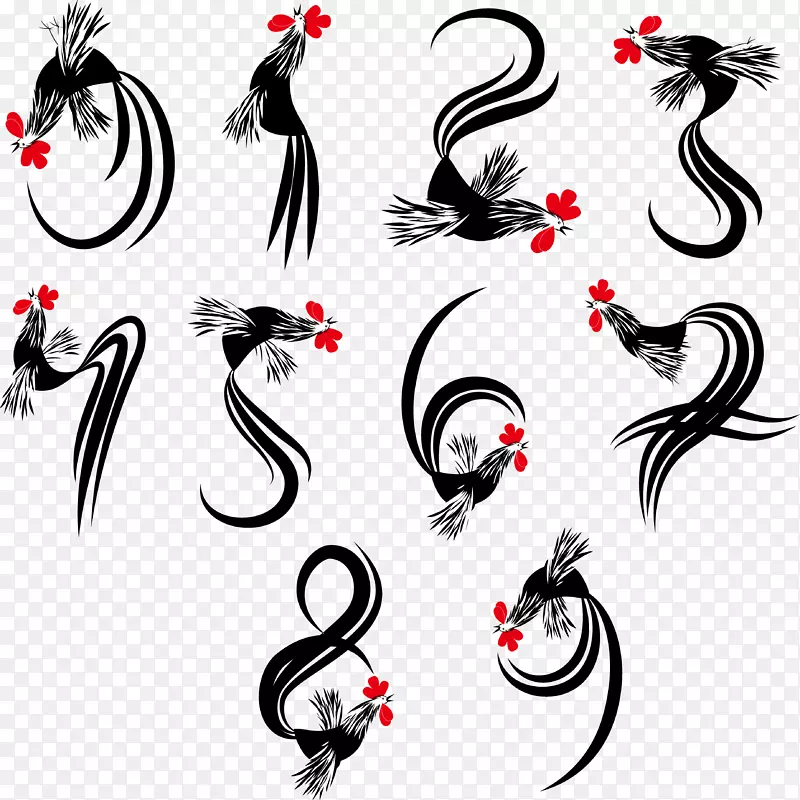 公鸡新年插画-数字0到9的影响
