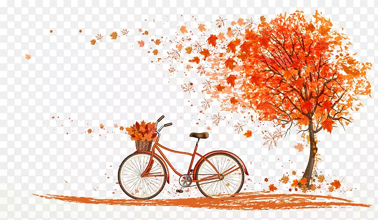 秋叶彩图-枫树下秋橙自行车