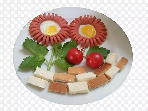 火腿、欧洲料理、油炸鸡蛋、素食菜、腊肠和在向日葵摇动板上煮过的鸡蛋