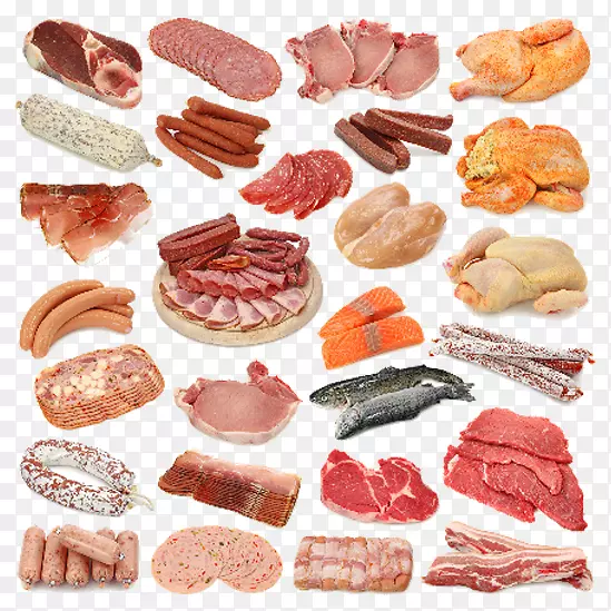 香肠肉、鱼作为食物烹饪.肉类收集