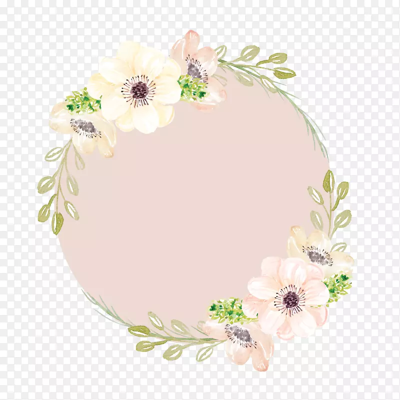水彩画粉红花卉剪贴画手绘花环