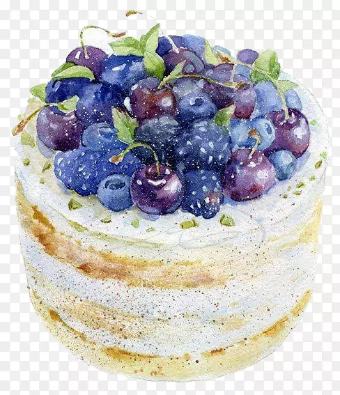 波斯科水彩画蛋糕插图-蓝莓蛋糕