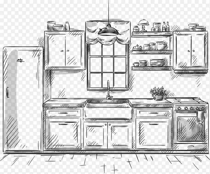 绘制厨房家具插图.手绘厨房