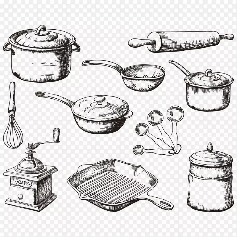 厨具、料理、煎锅烹饪.手绘厨房工具