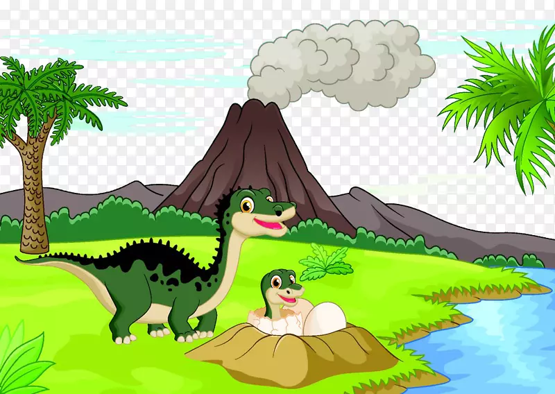 卡通恐龙火山插图-火山和恐龙