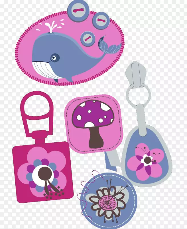 粉色卡通紫色插图-鲸鱼照片，紫色鲸鱼，蘑菇，花，钥匙链