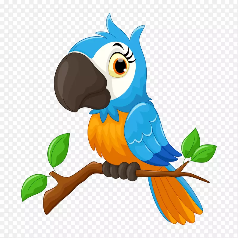 鹦鹉卡通鸟类插图-树枝上的蓝色鹦鹉
