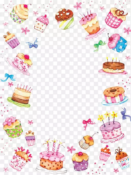 生日蛋糕纸杯蛋糕婚礼蛋糕手绘水彩画蛋糕边框