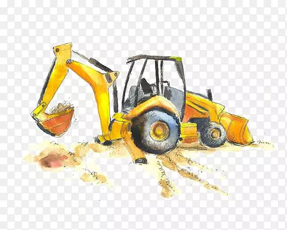 挖掘机印刷推土机水彩画墙-黄色挖掘机