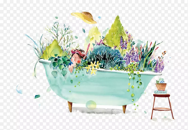 水彩画花卉设计插图.手绘水彩画浴缸森林
