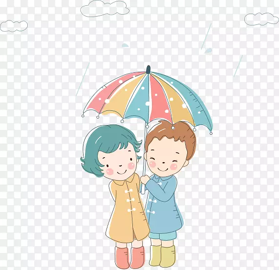 雨伞卡通插画-雨衣男女