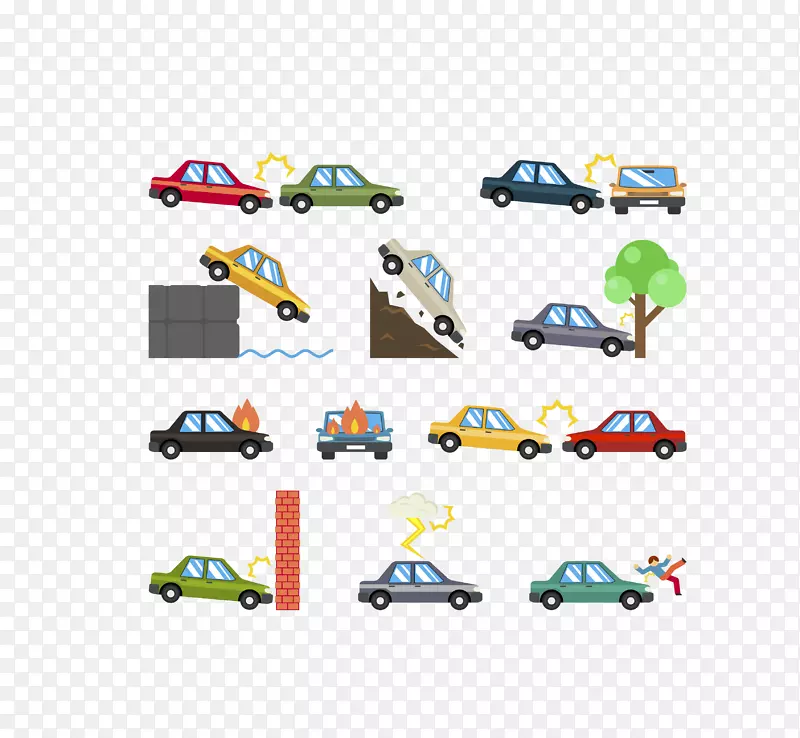 汽车交通碰撞事故图标-彩色汽车各种事故
