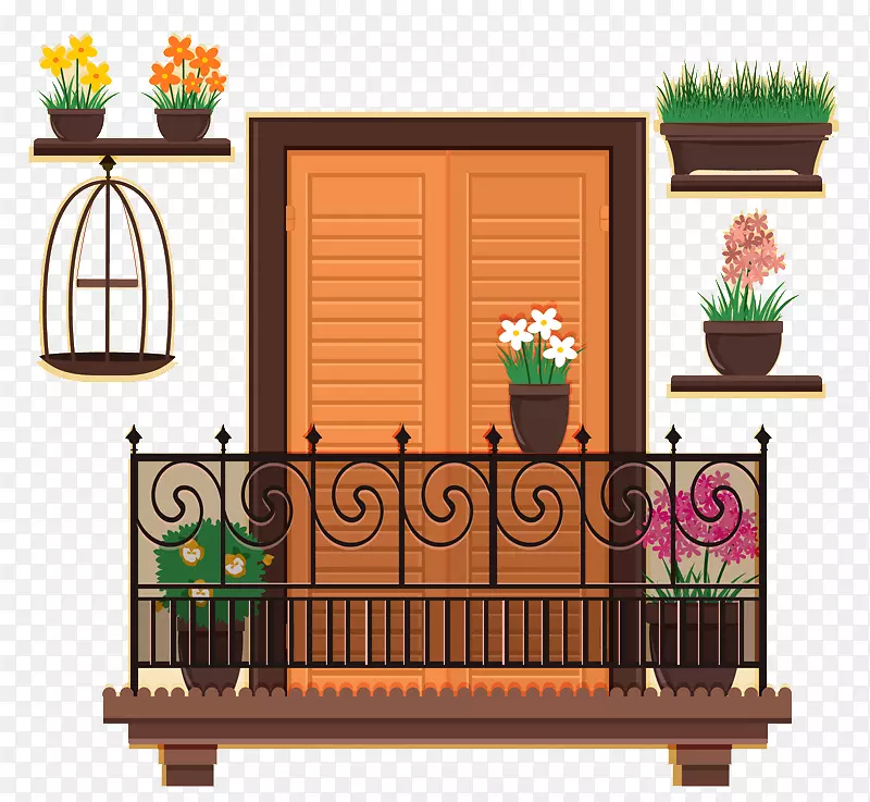 海报阳台卡通-美丽的阳台和盆栽植物