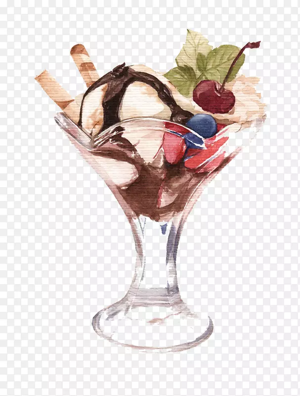 冰淇淋帕菲茶华夫饼插图.手绘冰淇淋