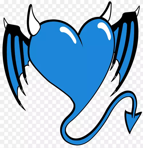 魔鬼的心征角撒旦蓝，心形，小魔鬼，手绘。