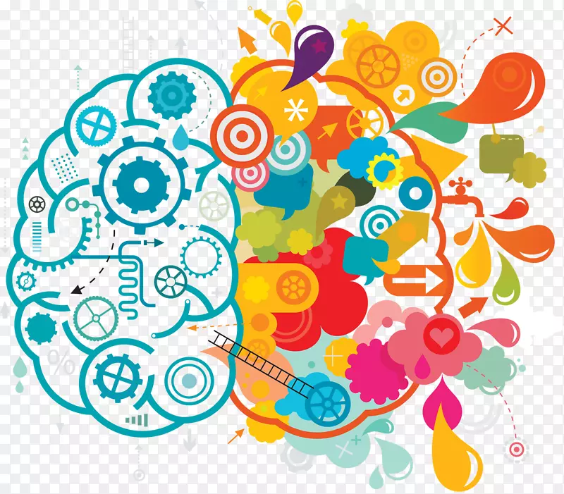 你创造性的大脑创造力，大脑功能的偏侧化，剪贴画-蓝色创意头脑风暴创意