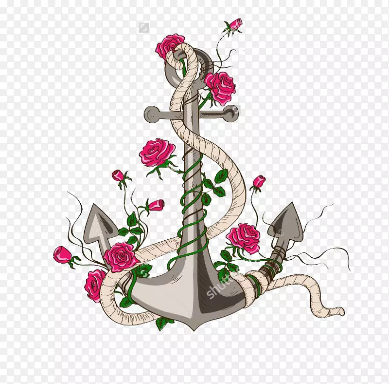 玫瑰锚画插图-创意锚红花