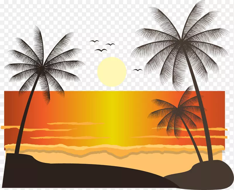 景观日落槟榔科-椰子树海滩日落时