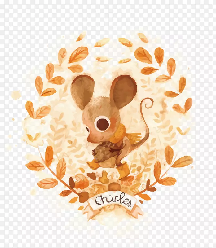 水彩画艺术插图-秋季小老鼠