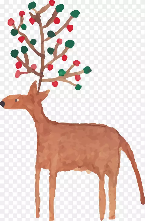 驯鹿圣诞水彩画-鹿