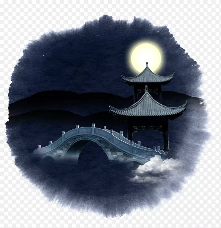 山水插画.月光拱桥在山里的景观水墨插图