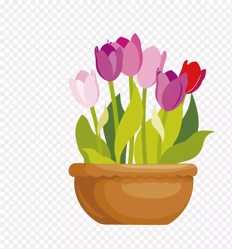 花盆画夹艺术-卡通扁郁金香PNG