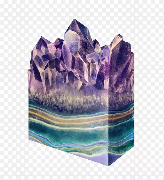 矿物画水彩画插画水晶插图.紫色钻石岩石