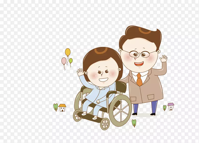 卡通插图-有人在轮椅上挥手