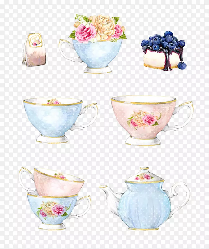 茶壶荫茶水彩画玫瑰茶壶手绘水彩画